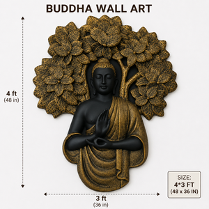 ประติมากรรมติดผนังรูปต้นไม้พระพุทธรูปสไตล์อาร์ตเดโคสุดหรู ขนาด 4x3 ฟุต ทำจากไฟเบอร์และเรซิ่นสีทองตกแต่งพิเศษ เหมาะสำหรับห้องนั่งเล่น ล็อบบี้โรงแรม หรือพื้นที่ทำสมาธิ - Product Image 3