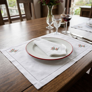 Custom Wholesale Embroidery Red Flower Placemat&Napkin Set White Cotton Hemstitch <b>Mats</b> for Home Restaurant Events - Product Image 1