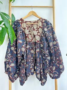 Chemisier bohème floral terreux en pur coton Top Indian Bagru Block Print Comfy Daywear - Product Image 4