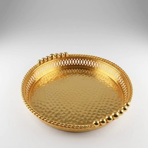 Bandeja Decorativa Redonda Dorada con Espejo y Asas Tubulares, Estilo Art Deco, para Mesa de Centro - Product Image 1