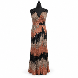 Vestido de Noche Moderno con Lentejuelas para Mujer |   Vestido de Fiesta Formal de Lujo con Tirantes Finos, Cuello en V, Adornado con Lentejuelas, Corte en A, Sin Mangas - Product Image 1