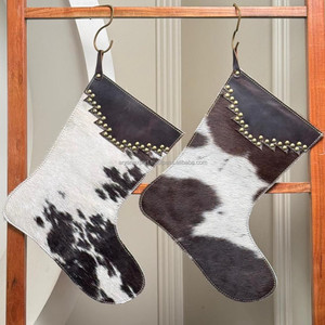 2025 New Cowhide Leather with Studs Christmas Stocking for Family Christmas <b>Tree</b> Fireplace Hanging and Party Decoration Gift <b>Bag</b> - Product Image 3