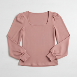 Haut côtelé à col carré et manches longues pour femme, coupe ajustée, extensible, respirant, en maille douce, tendance, vente en gros - Product Image 4