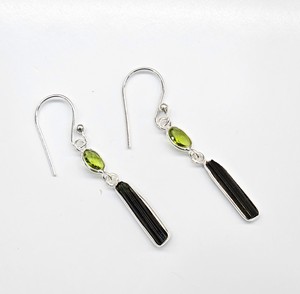 Handmade 925 Sterling Silver Black <b>Tourmaline</b> & Peridot Drop Dangle <b>Earrings</b> Minimalist Modern Artisan Jewelry - Product Image 4
