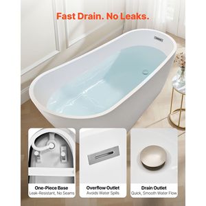 Vasca da Bagno Freestanding Contemporanea in Acrilico Bianco da 67 Pollici, Forma Ovale Elegante, Scarico con Troppopieno in Nichel Spazzolato, per 2 Persone - Product Image 4