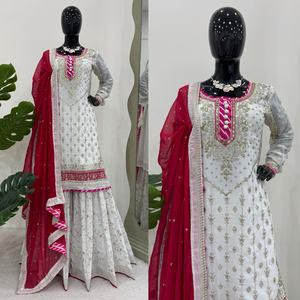 Designer Beautiful Pink & <b>Gold</b> Hand Embroidered Bridal Dress for PakistanExquisite Indian Traditional Designer Sharara <b>suit</b> - Product Image 1