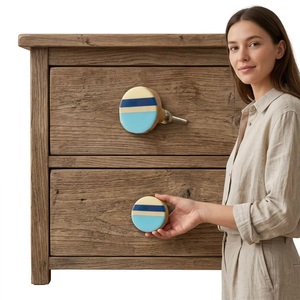 Bouton de tiroir rond en résine et bois, écologique, multifonctionnel, avec rayures bleues et beiges, style moderne, pour poignée de meuble de chambre - Product Image 2