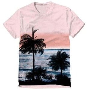 Camiseta de manga corta con cuello redondo para hombre, talla grande, con estampado de palmeras y playa, estilo casual, de algodón tejido, diseño con estampado fotográfico. - Product Image 1
