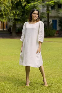 Robe maxi en coton et lin style bohème, longueur genou, col rond, manches 3/4, ample, confortable, décontractée, mini-robe - Product Image 3