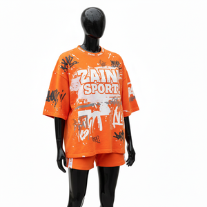 Conjunto de camiseta y pantalones cortos para mujer, algodón premium de rizo 220 GSM, color naranja suave, panel lateral con cinta, logotipo personalizado, conjuntos para mujer - Product Image 3