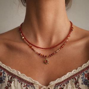 Collar de Cuentas de Ágata Roja con Colgante de Sol, Gargantilla de Piedra Natural, Joyería Boho Celestial de Piedras con Cuentas - Product Image 1