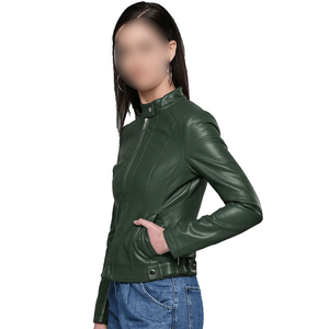 เสื้อแจ็คเก็ตมอเตอร์ไซค์หนังแท้สีแดงเบอร์กันดีสำหรับผู้หญิง กันน้ำ แต่งกระดุม ทรงเข้ารูป ซิปไขว้ ดีไซน์เนอร์สไตล์ ผลิตจำนวนมากแบบ OEM - Product Image 3