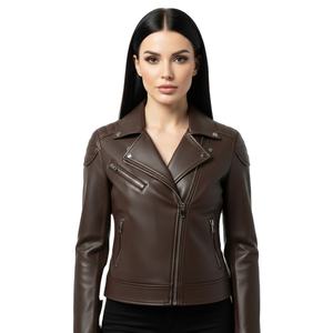 Custom Womens Dark Brown Leather <b>Motorbike</b> Jacket Wholesale Biker Style Genuine Leather Ladies Coat OEM Factory Bulk Quantity - Product Image 1
