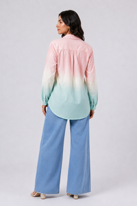 เสื้อเชิ้ตผู้หญิงคุณภาพสูง แฟชั่นทันสมัย ลายมัดย้อมไล่สี จับจีบด้านหน้า แขนยาว คอปก ผ้าถักเรยอน ทรงปกติ สไตล์ลำลอง - Product Image 2
