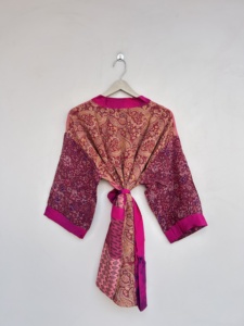 SHort Length Crepe Silk Kimono V Neck Printed Silk <b>Dress</b> For Women - Product Image 6