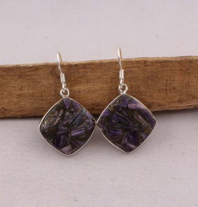 925 Sterling <b>Silver</b> Purple Copper Charoite <b>Earrings</b> Natural Composite Gemstone Diamond Shape <b>Dangle</b> <b>Earrings</b> Handmade Jewelry - Product Image 4
