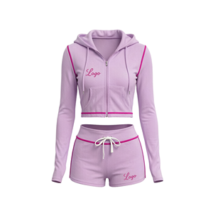 2026 Women's Custom Logo Athletic Set Solid-Color Long-Sleeve Hooded Zipper Jacket and Drawstring <b>Shorts</b> Two-Piece Set - Product Image 3