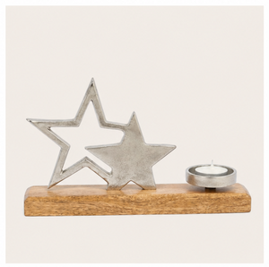Luxury Silver Metal Double Star Tea Light <b>Candle</b> Holder With Natural Mango Wood Base For Christmas Festive Home Decoration - Product Image 1