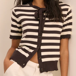 Cardigan rayé à manches courtes pour femme avec col à nœud, longueur courte, 100 % coton, style nautique, toutes saisons, coupe classique - Product Image 2