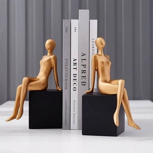 Modern design cast aluminum seated human figurine with wooden base bookend set black and gold decorative book holder - Product Image 4