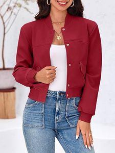 Chaqueta Bomber Roja para Mujer, Color Sólido, Manga Larga, Cierre de Botones, Cuello Alto, Ropa Exterior Informal, Largo Corto, Bolsillos con Parches - Product Image 3