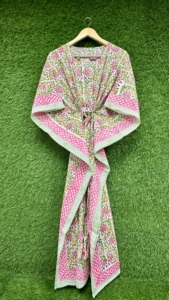Robe Kaftan en Coton Imprimé Floral Rose pour Femme, Faite à la Main, Style Bohème, Manches Courtes, Coupe Ample, Élégante, Automne/Printemps - Product Image 5