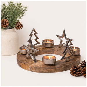 Handmade Natural Mango Wood Advent Candle Holder With Silver Metal Stars And Trees Round Rustic Tealight <b>Stand</b> For Christmas - Product Image 2