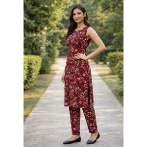 PREMIUM READYMADE <b>KURTI</b> WITH PANT SET <b>KURTI</b> FABRIC Crepe Flower Print LENGTH 42 INCH SLEEVES Sleeves less Inside Sleeves - Product Image 1