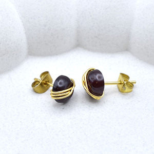Garnet Round Wire Wrapped <b>Stud</b> <b>Earrings</b> 8mm | Handmade Brass And Silver Red Gemstone <b>Studs</b> | January Birthstone <b>Crystal</b> Jewelry - Product Image 5