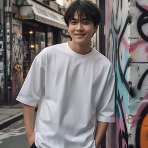 T-shirt blanc surdimensionné hommes Camisetas Con Buena Tela 400G T-shirt poids lourd col montant 100% coton T-shirt pour hommes coupe ample - Product Image 2