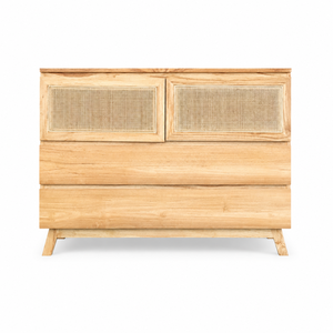 Buffet en bois massif de style moderne du milieu du siècle, avec portes et tiroirs en rotin naturel, meuble de rangement pour hôtel - Product Image 5