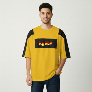 Hot Selling Streetwear Boxy Fit Drop Shoulder Color Block <b>Patchwork</b> Men's Yarn Dyed T-<b>shirts</b> Letter Pattern Men's Summer T-<b>Shirt</b> - Product Image 3