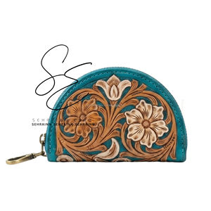 Porte-monnaie en cuir repoussé fait main, motif floral turquoise, porte-cartes, pochette à monnaie, portefeuille en cuir style western pour femme - Product Image 3