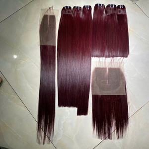 Best Seller Wholesale Price Weft <b>Hair</b> Bundle Bone Straight Customized Closure Cuticle Aligned 100% Human Raw <b>Hair</b> Burgundy Color - Product Image 2