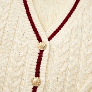 Custom Logo Women Cream <b>Cable</b> <b>Knit</b> <b>Cardigan</b> Sweater V Neck Burgundy Striped Trim Gold Buttons Varsity Preppy Fall Winter Apparel - Product Image 3