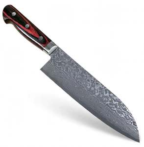 Couteau de cuisine japonais artisanal en acier Damas, manche en bois Pakka rouge, outil de découpe. - Product Image 4