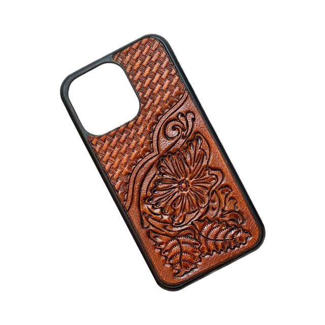 Handcrafted Embossed Leather iPhone Case Floral & Basket Weave Design Protective Western Style Sports & Entertainment Cover