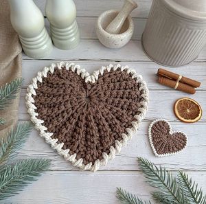Warm Handcrafted Crochet Heart Coasters Brown Cream Edge Drink <b>Protectors</b> Heatproof Holiday <b>Table</b> Toppers Home Essential - Product Image 1