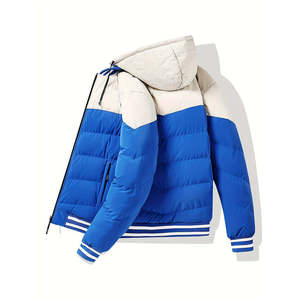 Hooded <b>Puffer</b> <b>Jacket</b> Unisex Winter Casual Color Blocking Blue <b>White</b> Windproof Zipper Closure Thick Polyester Wadding Fleece 160g - Product Image 6
