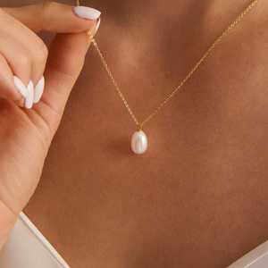 Natural Freshwater Pearl Drop <b>Necklace</b> 925 Sterling Silver 14K Gold Plated Minimalist Bridal Wedding Jewelry Gift - Product Image 5