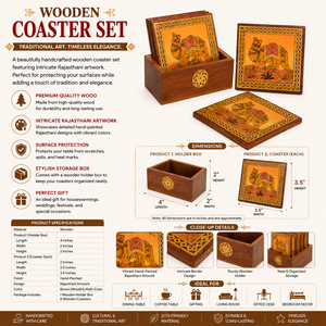 Handcrafted Vintage Square <b>Wooden</b> <b>Tea</b> Coaster <b>Set</b> with Elephant Design | Lightweight Indian Decorative Coasters <b>Wooden</b> Holder - Product Image 5