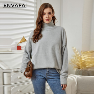 Suéter Casual de Cuello Alto para Mujer, Jersey Sólido de Otoño, Manga Larga, Tejido Antiarrugas, Transpirable, 100% Poliéster - Product Image 4