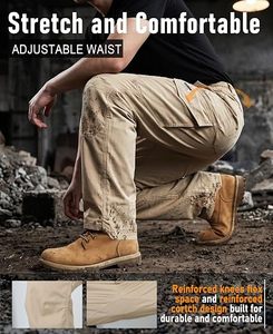 Khaki <b>Cargo</b> <b>Work</b> <b>Pants</b> Elastic Waist Multiple Pockets Heavy Duty Men's Trousers - Product Image 5