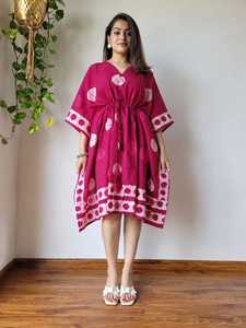 Pink Floral Printed 100% Cotton <b>Kaftan</b> Dress Collarless Neckline Loose Fit Midi Boho Casual <b>Summer</b> Wear Drawstring Elastic Waist - Product Image 1
