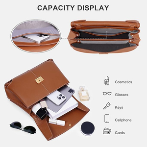 Bolso de Mano de Cuero Genuino para Mujer, Cierre de Solapa, Textura Saffiano Clásica, Dos Asas, Uso Diario, Elegante Bolso Marrón - Product Image 4