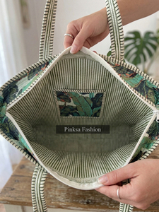 Bolso de mano de algodón acolchado con hojas de plátano tropicales al por mayor, con bolsillo interior con cremallera, estilo Jaipur Block Print, ideal para el mercado. - Product Image 6