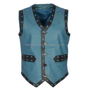 Chaleco de cuero azul claro con cuello en V para hombre de alta calidad con cierre de estilo de botón de cuerno Servicio OEM transpirable para pedidos a granel - Product Image 1