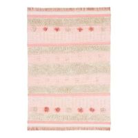 Nouvelle arrivée, tapis rectangulaire rayé artisanal bohème, rose crème, franges, pompons, tapis de maison à prix de gros