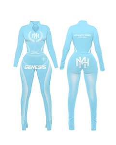 Ensemble haut et bas en polyester et élasthanne extensible premium 210 GSM, bleu, coupe slim avec empiècements et logo thermocollé, pour femmes - Product Image 1