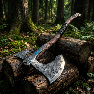 MS Enterprises Viking Industrial Grade High Carbon Steel Flat Backed Double Blade Splitting <b>Axe</b> <b>Axe</b> Head Handmade Etched Rose - Product Image 2